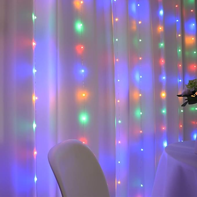 YEOLEH Curtain String Lights, Waterproof Copper Wire Curtain Lights with Control, 8 Modes USB Fairy Lights Plug in Good for Wedding Bedroom Party Home Christmas Decorations,(Colorful,7.9Ft x 5.9Ft)