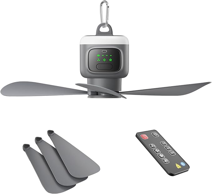 VVU&CCO 18' Portable Ceiling Fan with Light for Patio Canopy Tent Porch RV, 4 Speed Adjustment with Lighting, 8 Hours Timer & Use Time Up to 30H, 12000mAh Battery -operated Ceiling Fan with Remote