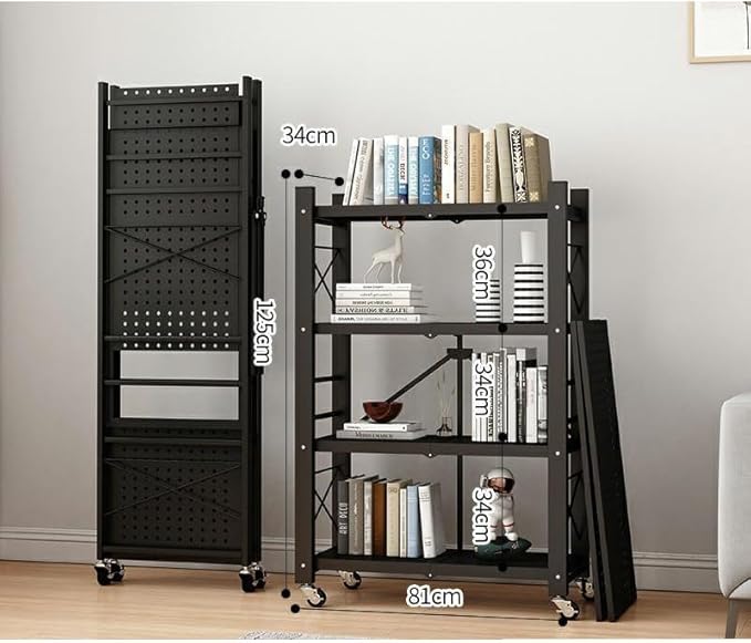 4-Tire Storage Rack, Height Adjustable, 32 * 13 * 50in Foldable Metal Garage Storage Shelves Organizer, Portable Metal Kitchen Shelving, Closet Shelving Unit Bakers Rack (Black 4 Shelfs)
