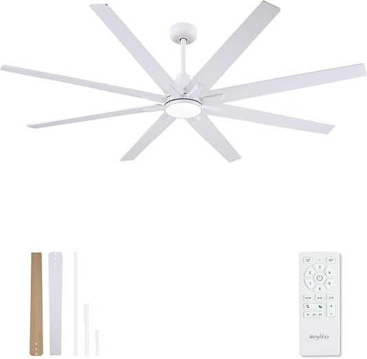 Newday 72 inch Large Ceiling Fans with Lights and Remote, Indoor/Outdoor White Ceiling Fan for Living Room Patio, 6 Speeds Slient Reversible DC Motor, 3CCT, Timer, 3 Downrods, 8 Blades