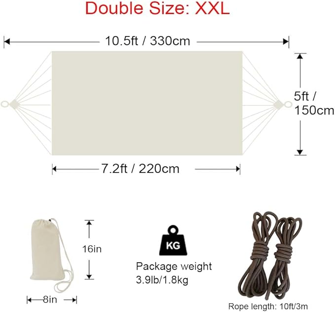 Brazilian Double Hammock 2 Person 330X150cm Load 500Pound Cotton Hammock for Patio Porch Garden Backyard Lounging Outdoor and Indoor (Beige)