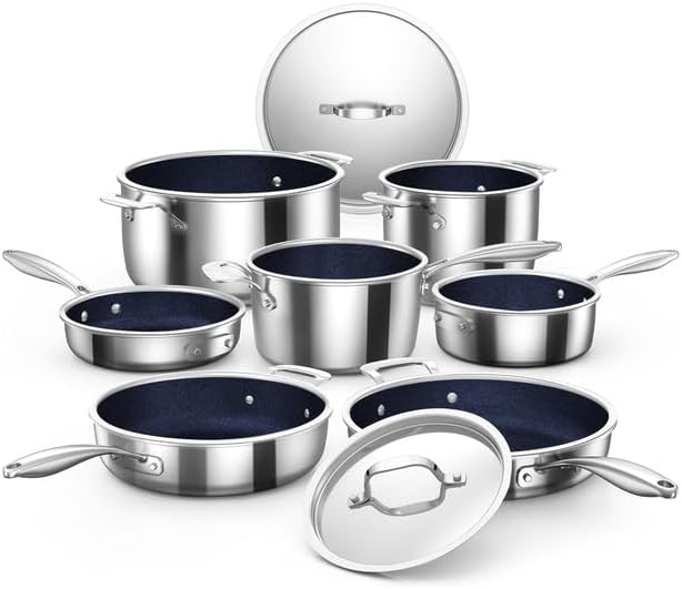 Nuwave Pro-Smart 9pc Stainless Steel Cookware Set, Healthy Duralon Blue Non-Stick Ceramic Coating, Heavy-Duty Tri-Ply Construction, Ergonomic Stay-Cool Handles, Induction-Ready & Works on All Cooktops