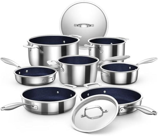 Nuwave Pro-Smart 9pc Stainless Steel Cookware Set, Healthy Duralon Blue Non-Stick Ceramic Coating, Heavy-Duty Tri-Ply Construction, Ergonomic Stay-Cool Handles, Induction-Ready & Works on All Cooktops