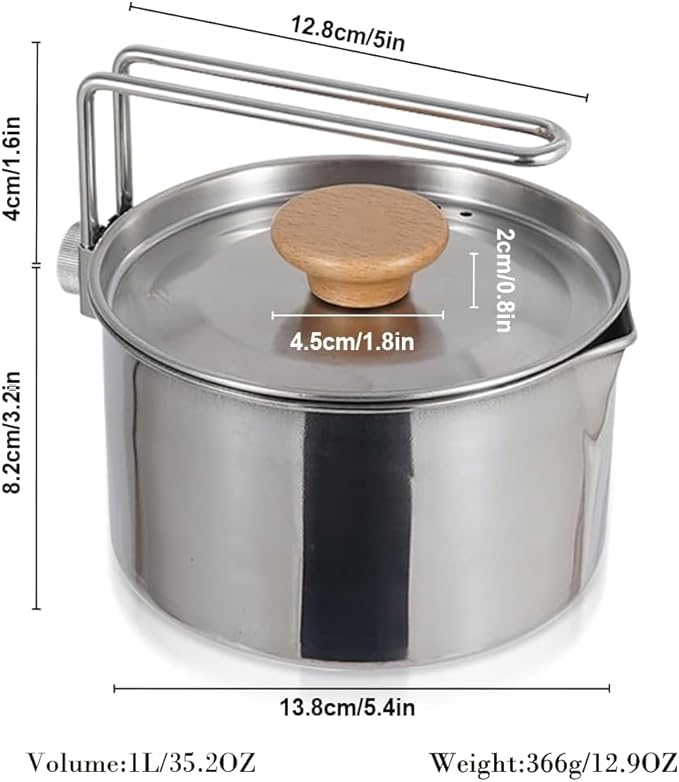 BSGB Camping Pot with Lid Fork Knife Spoon Bag and Detachable Handle 1L/34oz 304 Stainless Steel Pot Travel Coffee Pot Camping Tea Kettle Cookware Hiking Picnic Backpacking Survival