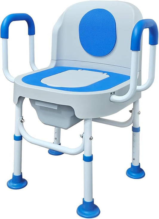 Lumizone Portable Toilet Chair for Elderly Adjustable Bedside Commode with Armrests & Sliding Bucket 5-Level Height Odor-Proof Double Lid Non-Slip Feet Supports 220 lbs, Lightweight for Home/Travel