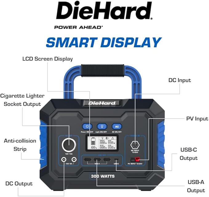 DieHard Portable Power Station 300-Watt (600-Watt Peak) 288.6Wh - Solar Generator (Solar Panel Optional), for Home Backup, Weather Emergencies, Outdoor Recreation, Jobsite and more