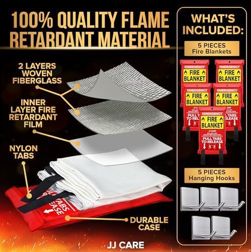 JJ CARE Fire Blanket – 5 Packs with Hooks – 40” x 40” Fire Blankets Emergency for Home and Kitchen, High Heat Resistant and Flame Protection for Kitchen, Car, Office, Camping & Home Safety