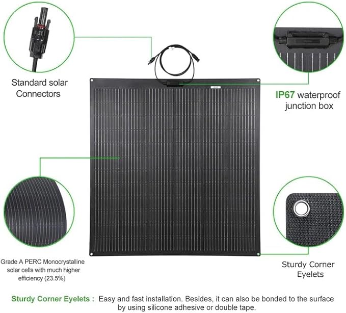 Flexible Solar Panel 200W 12V ETFE 9BB,44in x 35.6in Semi-Flexible Bendable Mono Solar Panel 200 Watt for RV Van Roof TopCamping Home Boat Marin