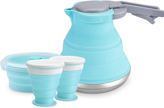 Portable Collapsible Camping Kettle, 1.5L/ 52OZ Foldable Silicon Coffee Pot for Outdoor Camping, Hiking, Traveling, with 1 Collapsible Bowl and 2 Collapsible Cups, Excellent Gift