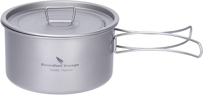 iBasingo 1.2L Titanium Soup Pot with Lid Camping Cookware with Foldable Handle Portable Lightweight Outdoor Kitchen Cooking Kit Backpacking Hiking Picnic Fishing Mountaineering Ti2106C (1 pc)