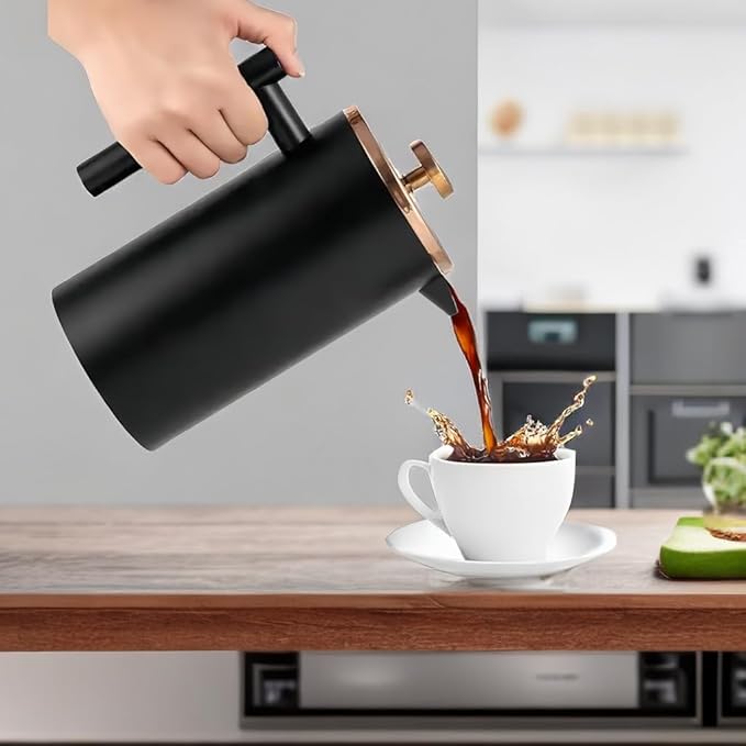 Stainless Steel French Press Coffee Maker 1500ml, Black Double-Wall Insulated Large French Coffee Press for travel camping,Large Capacity （50oz, Black）