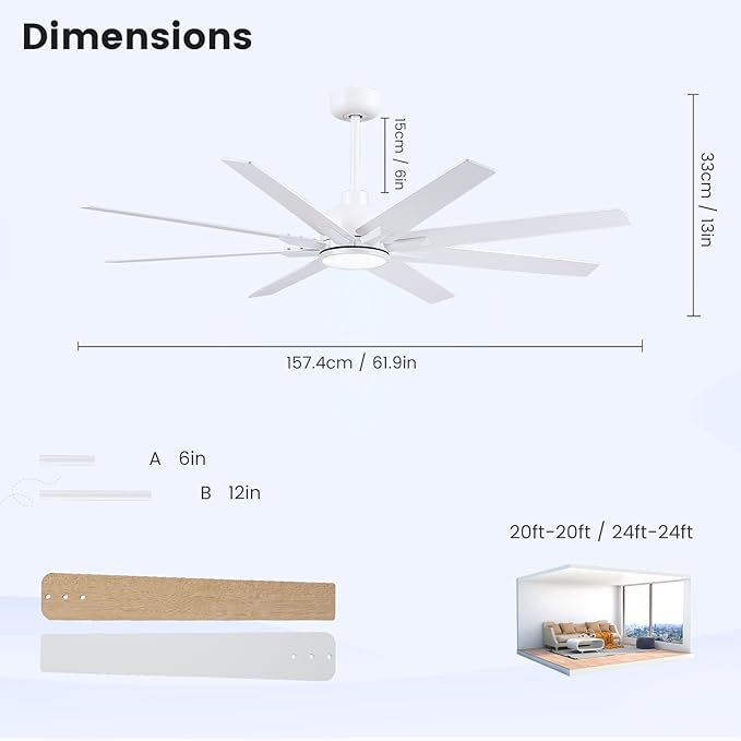 Newday 62 inch Large Ceiling Fans with Lights and Remote, Indoor/Outdoor White Ceiling Fan for Living Room Patio, 6 Speeds Slient Reversible DC Motor, 3CCT, Timer, 2 Downrods, 8 Blades