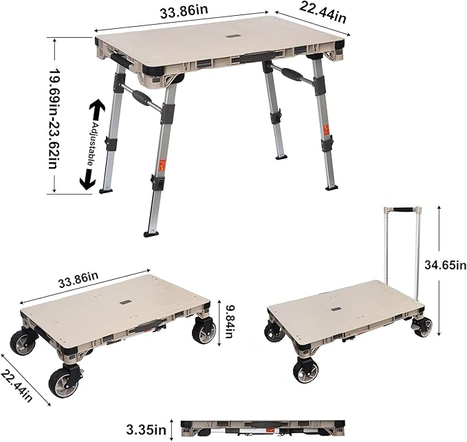 LEADALLWAY 3-in-1 Multi-Purpose Camping Table Wagon Portable Outdoor Platform Truck, Dolly & Utility Cart with 5.4" Wheels