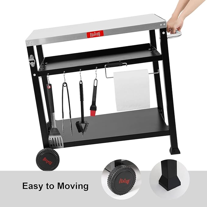 3-Shelf Outdoor Grill Table,Pizza Oven Table for Outside,Movable Grill Cart with Wheels,Indoor & Outdoor Cooking Station, Pizza Oven Stand for Ooni Blackstone Griddle 33.5”x 21.7”