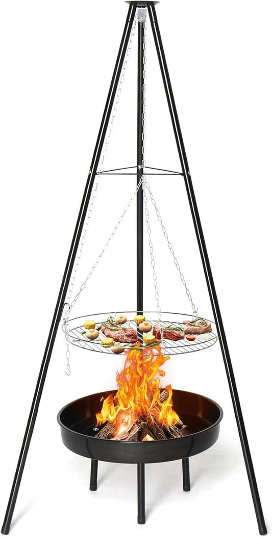 Outvita Campfire Tripod Grill, Adjustable Height BBQ Grill Grate with Fire Bowl for Outdoor Camping BBQ, Black