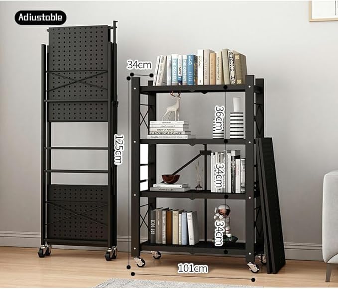 4-Tire Storage Rack, Height Adjustable, 40 * 13 * 50in Foldable Metal Garage Storage Shelves Organizer, Portable Metal Kitchen Shelving, Closet Shelving Unit Bakers Rack (Black 4 Shelfs)