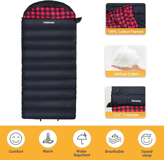 0 Degree Sleeping Bag 100% Cotton Flannel XXL Cold Weather Winter Oversized Sleeping Bag for Adults Camping Zero Degree Big and Tall with Compression Sack