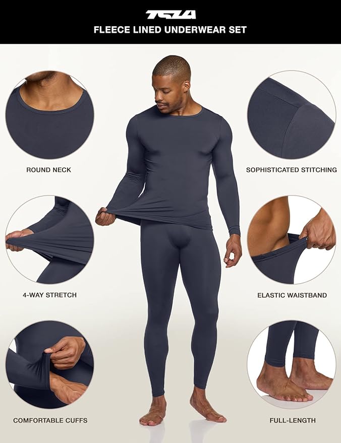 TSLA Men's Thermal Underwear Set, Microfiber Soft Fleece Lined Long Johns, Winter Warm Base Layer Top & Bottom