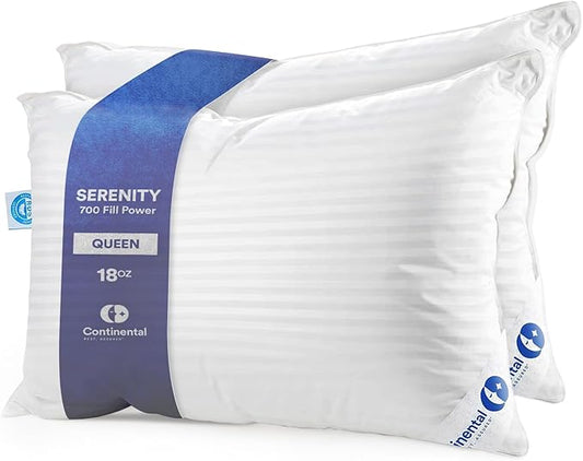 Continental Bedding | Serenity Goose Down Pillow | 700 Fill Power Hungarian White Down | 400TC Cotton Damask Shell | Made in USA | Soft, Queen (Pack of 2), 2 Count