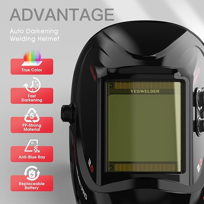 YESWELDER Large View Auto Darkening Welding Helmet, Blue Light Blocking, 1/1/1/1 True Color Solar Powered Welder Hood Mask with 4 Arc Sensors, Wide Shade 3/5-9/9-13 for TIG MIG ARC Cut and Grind