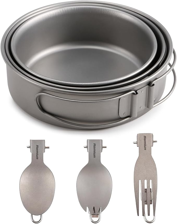 Titanium Camping Bowls and Utensils Set, Lightweight Portable Titanium Plates with Folding Handle & Forks Spoons Travel Cutlery Dinnerware for Outdoor Camping Backpacking Hiking Picnic