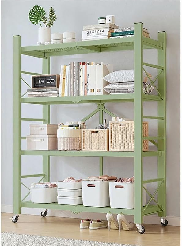 4-Tire Storage Rack, Height Adjustable, 40 * 13 * 50in Foldable Metal Garage Storage Shelves Organizer, Portable Metal Kitchen Shelving, Closet Shelving Unit Bakers Rack (Green 4 Shelfs)