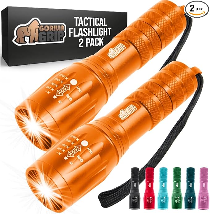 GORILLA GRIP Powerful LED Tactical Flashlight, 750 FT High Lumens 5 Adjustable Modes, Water Resistant, Ultra Bright Zoom Flashlights, Small Mini Flash Light, Camping, Night Dog Walking, 2 Pack Orange