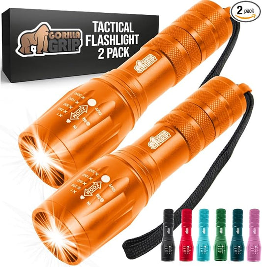GORILLA GRIP Powerful LED Tactical Flashlight, 750 FT High Lumens 5 Adjustable Modes, Water Resistant, Ultra Bright Zoom Flashlights, Small Mini Flash Light, Camping, Night Dog Walking, 2 Pack Orange