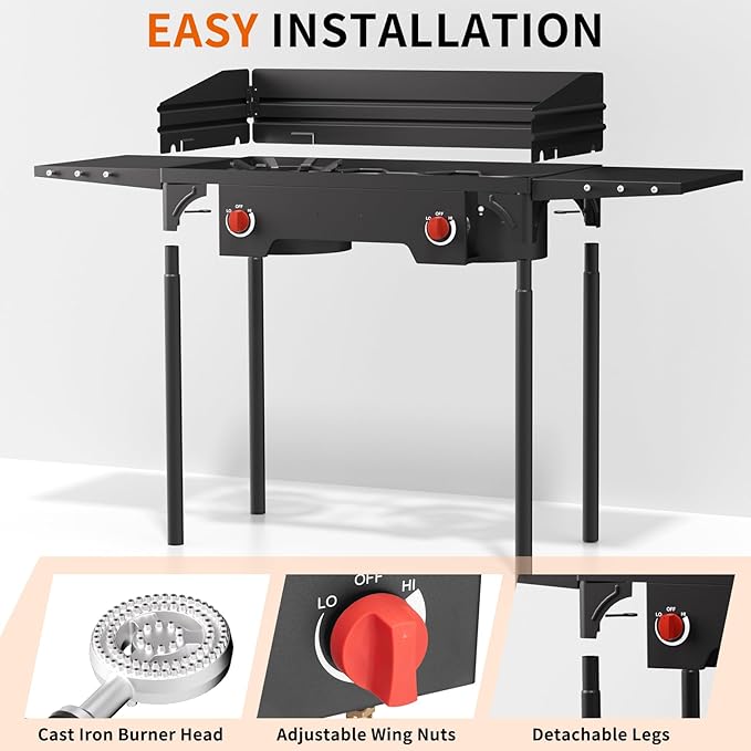 SKOK 2 Burners Portable Propane Stove with Side Shelves & Wind Panel,Portable Camping Stove with 150,000 High Efficiency Propane Burner,Outdoor Stove for Camping, Backyard, Picnic