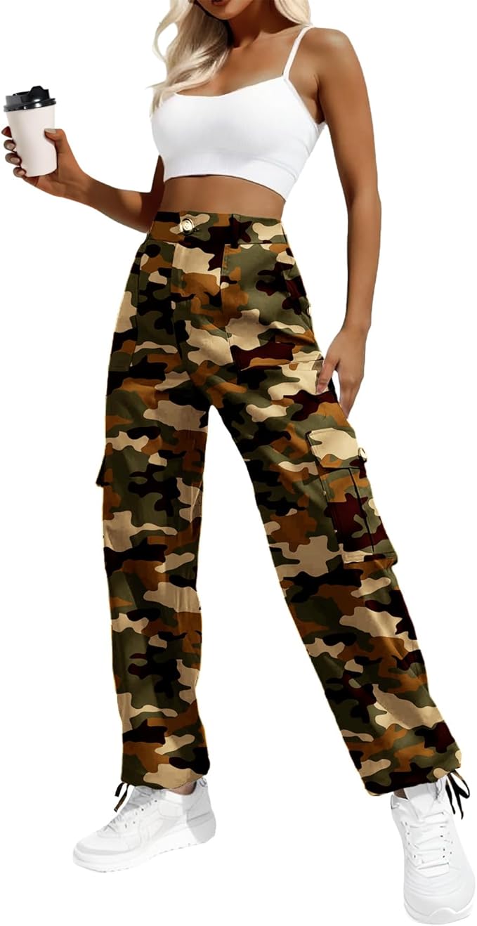 Lepunuo Women's High Waisted Cargo Pants Travel Y2K Streetwear Baggy Stretchy Pants with 6 Pockets Drawstring Ankle Cuffs