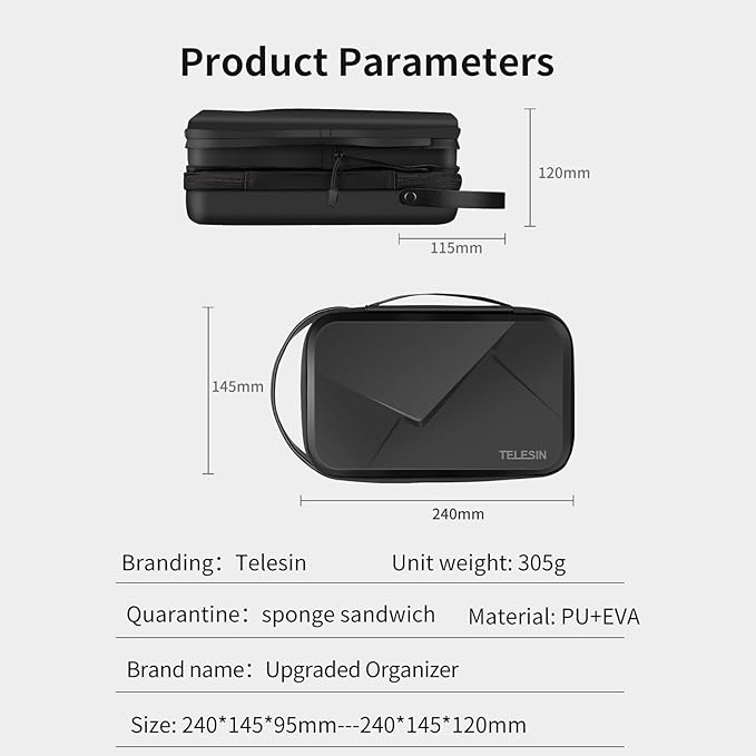 TELESIN Large Carry Case Carrying Travel Bag for GoPro Max Hero 13 12 11 10 9 8 7 6 5 DJI Action 3 4 5 Osmo Pocket 3 Insta360 X3 X4 X5 Go3 Ace Pro AKASO Battery Charger Strap Mount Accessories