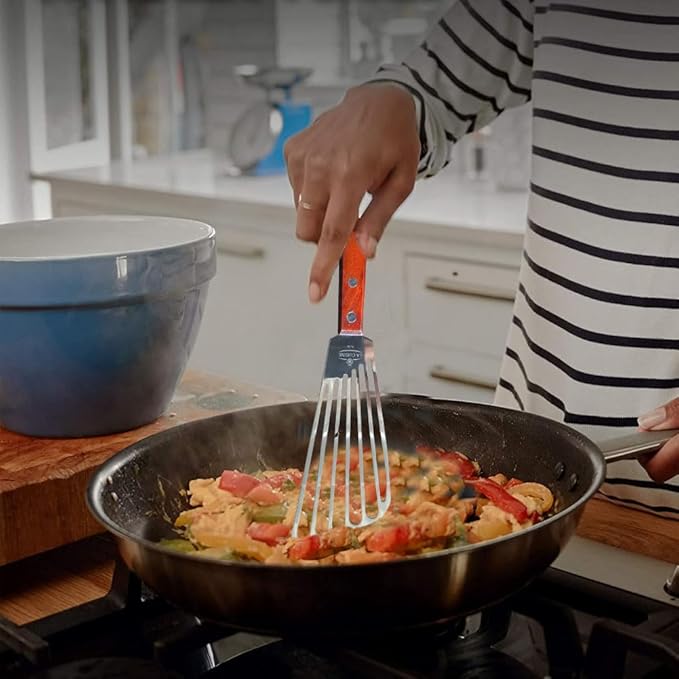 La Cuisine Fish Slotted Spatula Turner with Beveled Edged Stainless Steel, For Flipping Fish Egg Pancake Patties Fries. Blade 6.5", Size 11"