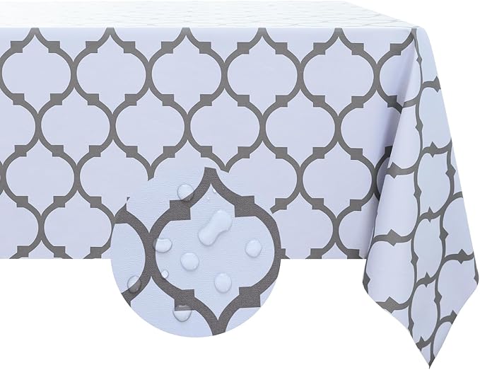 Romanstile Rectangle Plastic Tablecloth, 100% Waterproof Oil-Proof Checkered PVC Table Cloth, Heavy Duty Vinyl Table Cover for Dining, Camping, Picnic, Outdoor - 54 x 78 Inch, Moroco White
