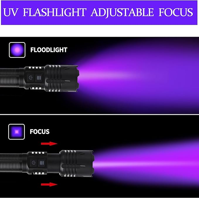 Super Bright High Lumen UV & White Flashlights,Zoomable Rechargeable Hand Held LED Tactical Flashlight with 6 Modes,Waterproof, 2-in-1 Powerful Flash Light for Pet Urine,Camping,Emergency