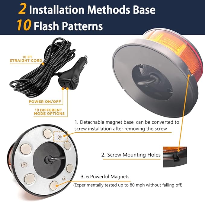 4.3inchs 64LEDs Rotating Beacon Light, 12-24V Small Emergency Lights for Vehicles, Amber Magnetic Strobe Lights for Trucks, 10 Modes Safety Warning Lights for Trucks Vehicles Cars