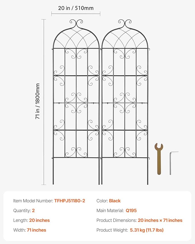 VEVOR Garden Trellis for Climbing Plants, 71 x 20 in, 2 Packs Rustproof Metal Garden Flower Trellis, Outdoor Climbing Rose Trellis Cucumbers Support, Decorative Clematis Trellis for Courtyards Lawns