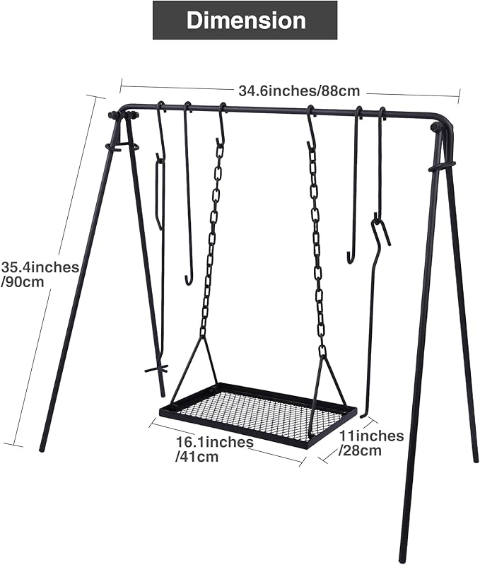 Lineslife Grill Swing Hanging Campfire Cooking Stand with Adjustable Iron Grill Grate, Collapsible Campfire Cooking Rack with Hooks and Accessories for BBQ Picnic, Outdoor Camping Cookware, Dutch Oven