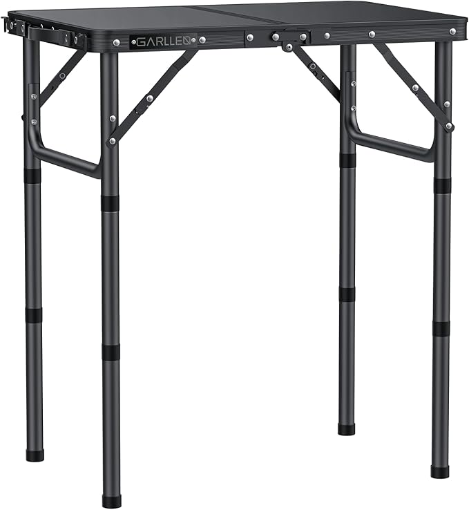 GARLLEN 2ft Folding Camping Table, 3 Adjustable Height Lightweight Picnic Table, Portable Aluminum Grill Table (22.8" L x 15.7" W) for Outdoor, Camping, BBQ, Black