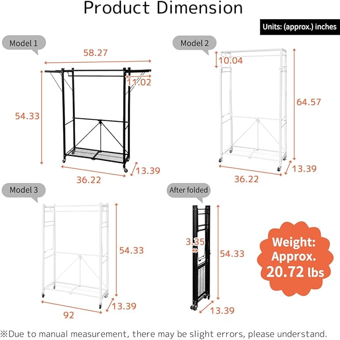 lumizone Folding Clothing Rack with Wheels Expandable Wardrobe Portable Clothes Rack for Hanging Clothes Adjustable Closet Shelves Garment Rack Durable Closet Racks for Hanging Clothes(White)