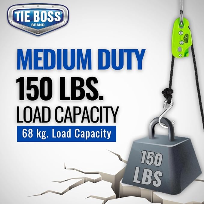 Tie Boss - 1/4 Inch, Medium Duty, (150 lbs Working Load Limit), Weather Resistant, Tie Down, Rope Tightening System, (w/15 ft Rope) (Pack of 1) (Green)