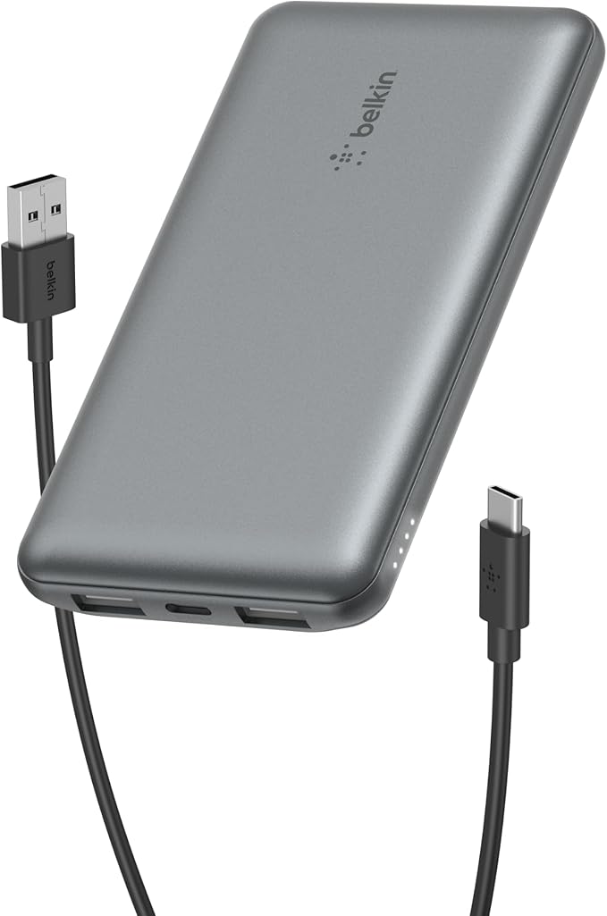 Belkin Portable Charger, USB C Power Bank 10000 mAh w/ 2xUSB-A Ports, 15W w/Type-C to Type-A Cable for iPhone 17, Air, Pro, Samsung Galaxy S25, iPad, Nintendo Switch 2, Google Pixel 10, etc. - Gray