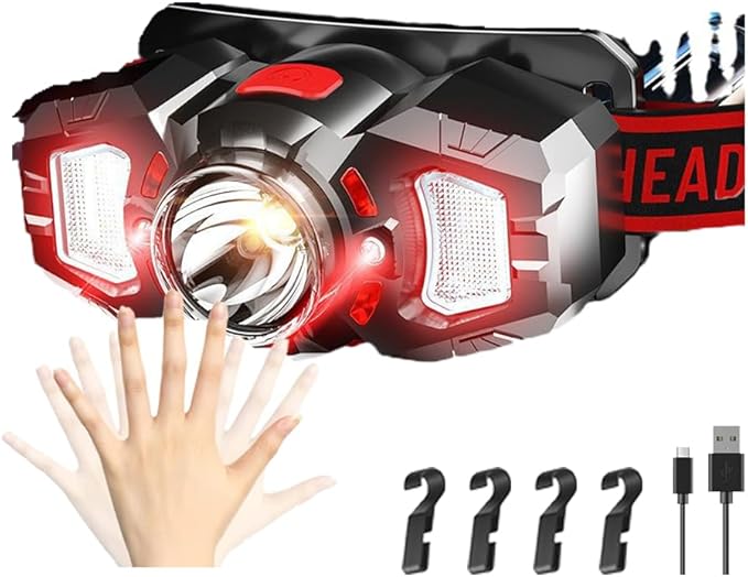 Headlamp, White&Red LED Headlamp, 70° Up&Down Adjustable, 4 Clips, Motion Switch, 800 Lumens, 500 Feet Distance and 10 Hours Running Time MAX, IPX5 Waterproof, for Camping, Hiking, Fishing