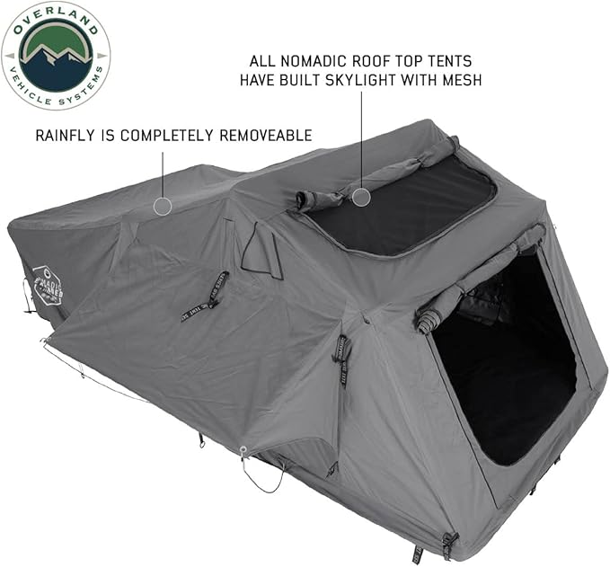 Overland Vehicle Systems HD Nomadic 4 Extended Soft Shell Roof Top Tent - Dark Gray Base with Green Rain Fly & Black 1000G PVC Travel Cover - Black Aluminum Base