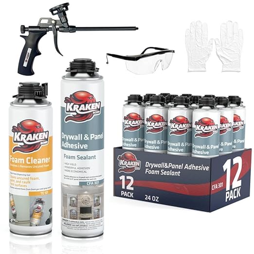 KRAKEN BOND Drywall & Panel Adhesive Foam - (12x24oz) Heavy-Duty, Fast-Curing Construction Adhesive for Concrete, Wood, and Heat Insulation Applications - Gun&Gun Cleaner Set