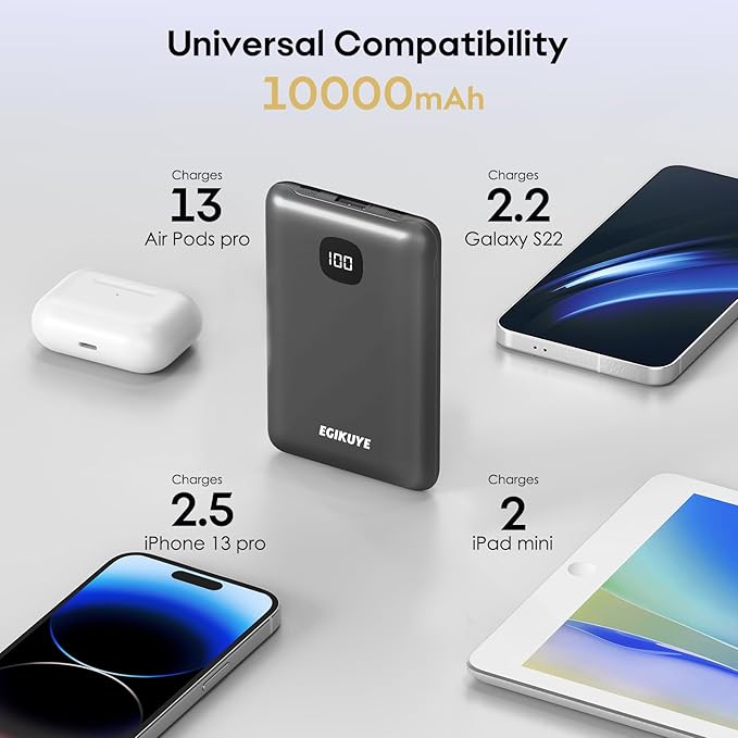 Portable Charger 10000mAh Power Bank with Digital Display, External Battery Pack with Built-in Cables, Ultra-Compact USB-C in&Out Travel Essential for iPhone, Android, Samsung etc