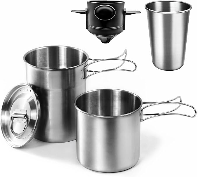 Foldable Camping Cups Mugs Camping Pot Cookware 304-Food-Grade Outdoor Camp Cooking Set with Vented lid,Stainless Steel Backpacking Cookware for Hunting
