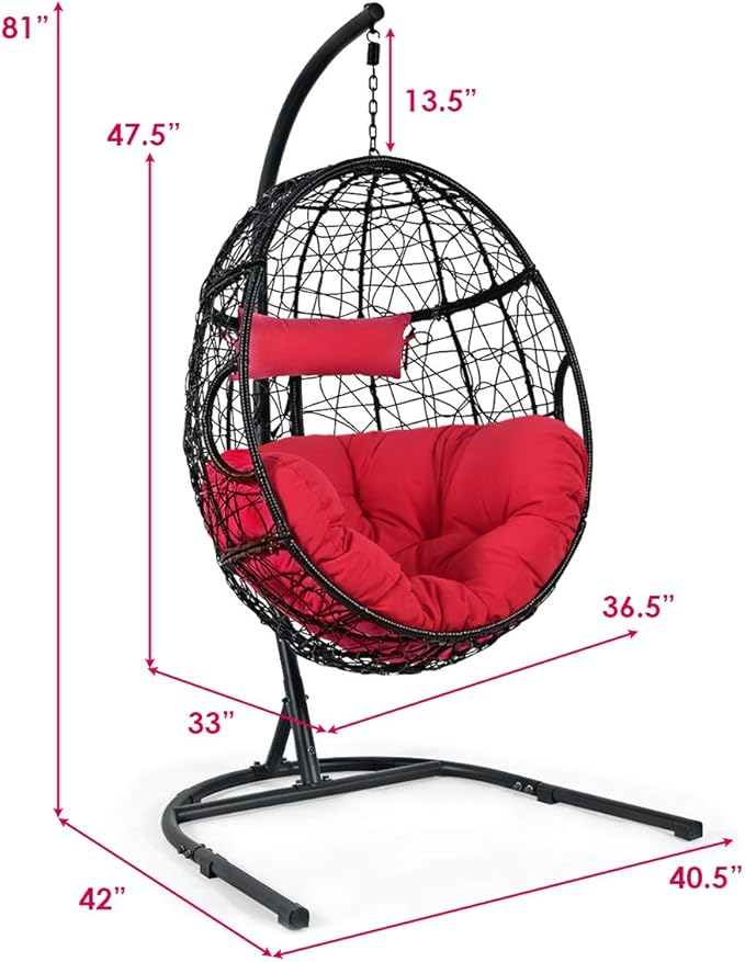 Giantex Hanging Egg Chair, Swing Chair with C-Hammock Stand Set, Hammock Chair with Soft Seat Cushion & Pillow, Multifunctional Hanging Chairs for Outdoor Indoor Bedroom (Red)