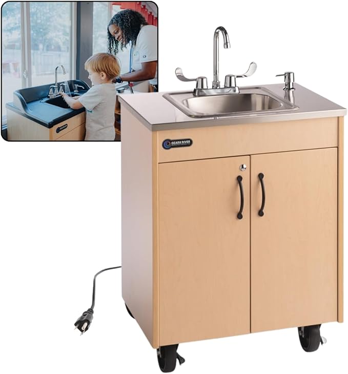 Ozark River Portable Sinks Lil Premier S1, Child Height Stainless Steel Self Contained Portable Sink with Hot Water for Kids, Hot Water Handwashing Station for Daycares & Classrooms