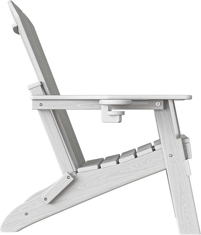 Folding Adirondack Chair, SGS Tested, Wooden Textured with Cup Holder, Heavy All-Weather HDPE Comfortable Set Poolside Backyard Lawn White