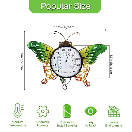 Indoor Outdoor Thermometer, Butterfly Wall-Mounted Thermometer Waterproof for Patio Garden Yard & Living Room, No Battery Needed